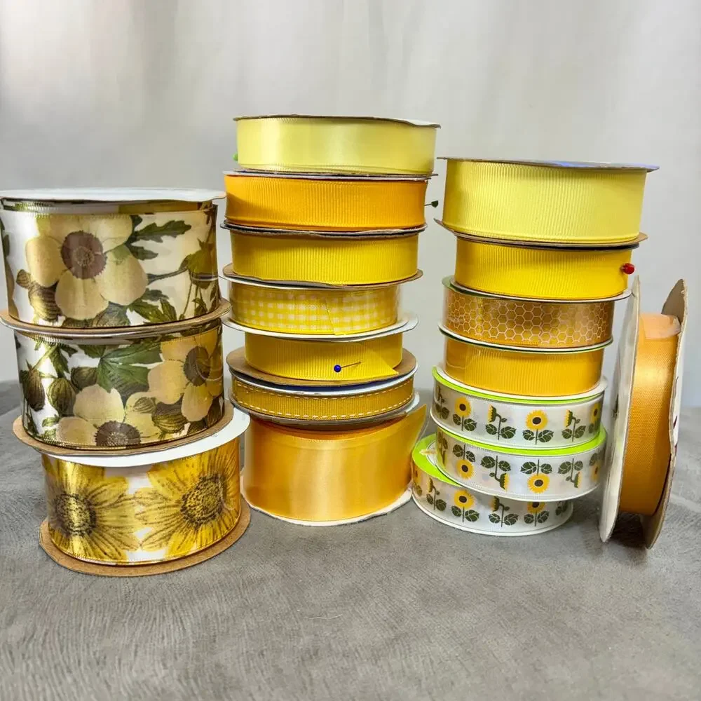 Yellow (Butter/Lemon/Golden/Sunny) Ribbon Lot Destash Grosgrain Floral Honeycomb